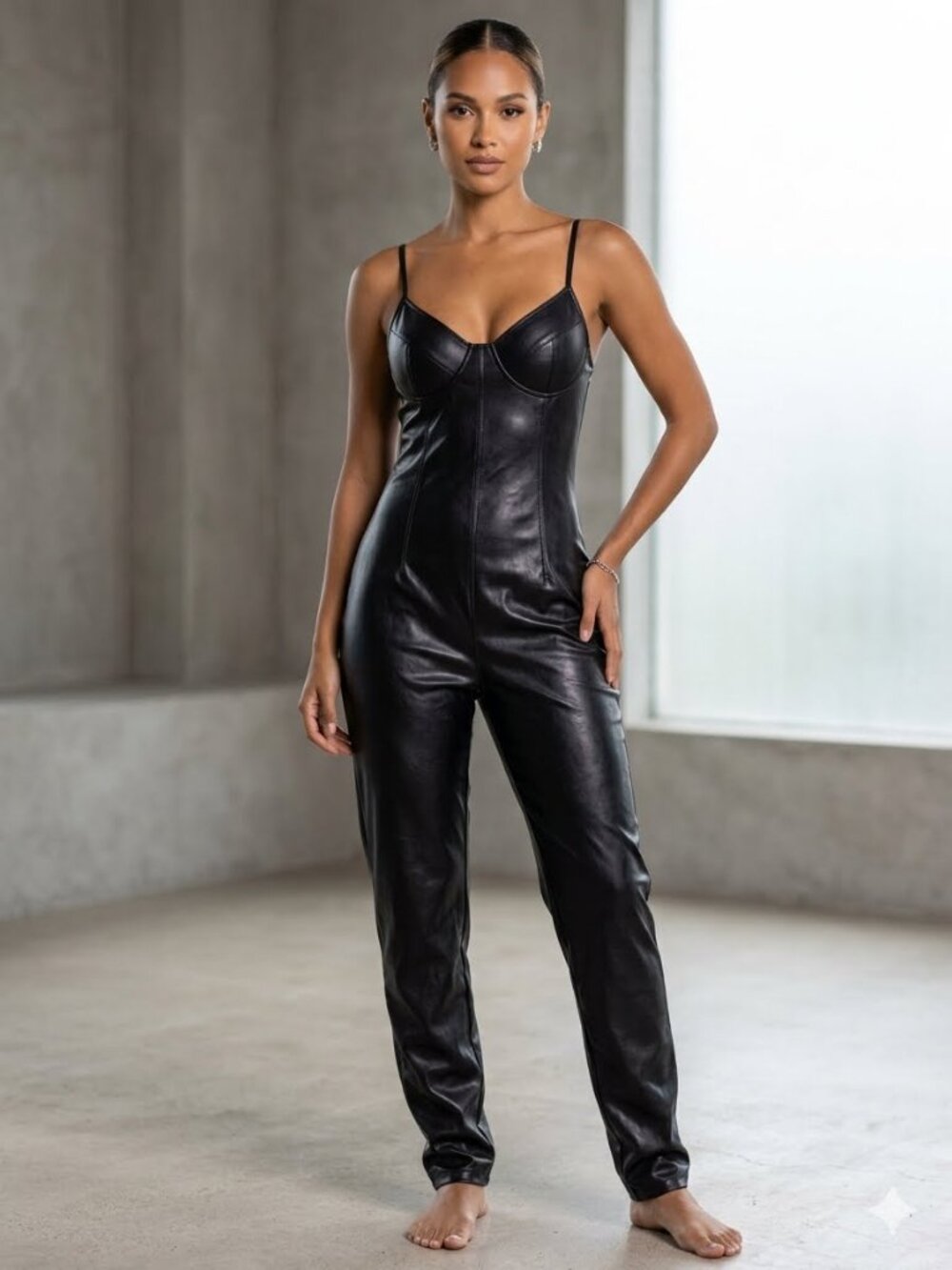 Bozzolo Black Faux Leather Corset Cami Jumpsuit Large
